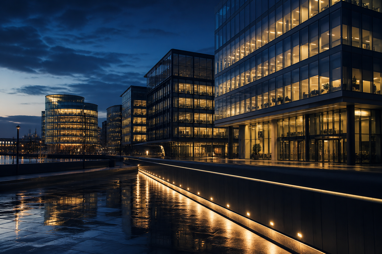 Dusk over glass offices